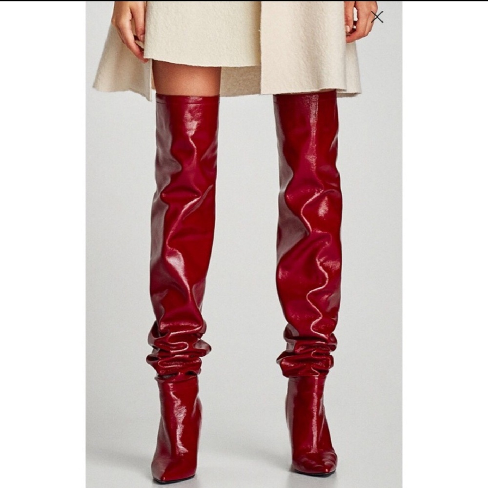 Zara Red Patent Leather Thigh High Boots Sz 8